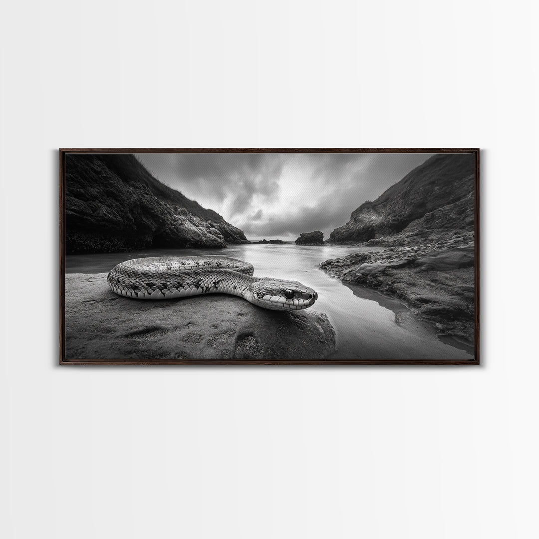 Ocean Snake Landscape, Coastal Creature Scene, Black and White Reptile, Framed Canvas Print, Moody Art, Bedroom or Den Decor
