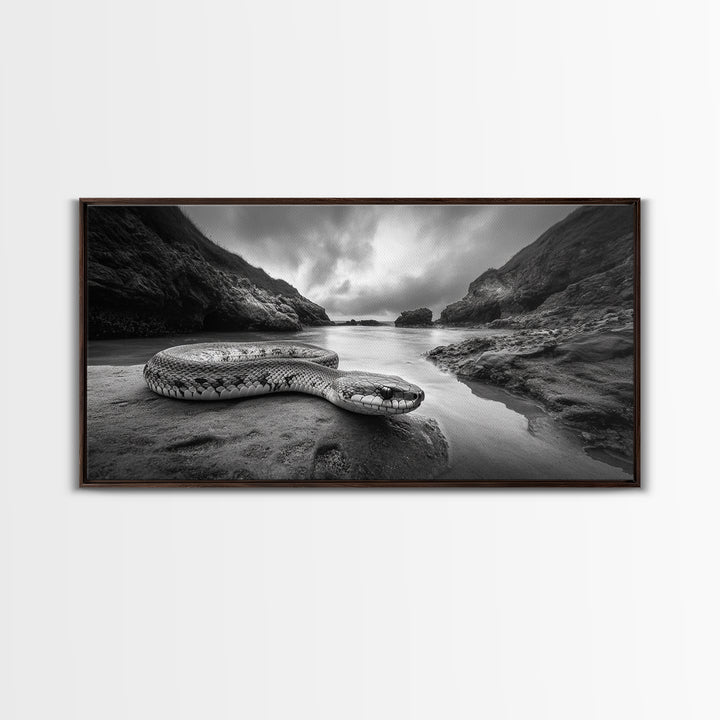 Ocean Snake Landscape, Coastal Creature Scene, Black and White Reptile, Framed Canvas Print, Moody Art, Bedroom or Den Decor