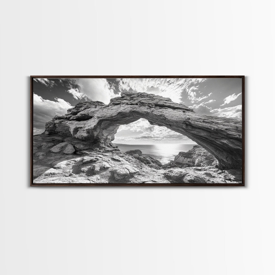 Natural Rock Arch, Seaside Cliff View, Desert Coastal Window, Framed Canvas Print, Boho Earth Tones, Living Room Wall Decor