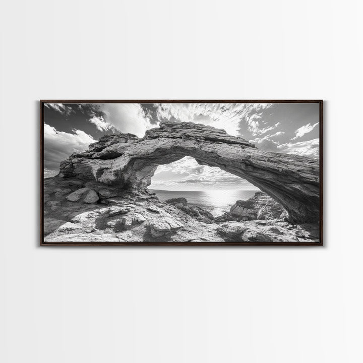 Natural Rock Arch, Seaside Cliff View, Desert Coastal Window, Framed Canvas Print, Boho Earth Tones, Living Room Wall Decor