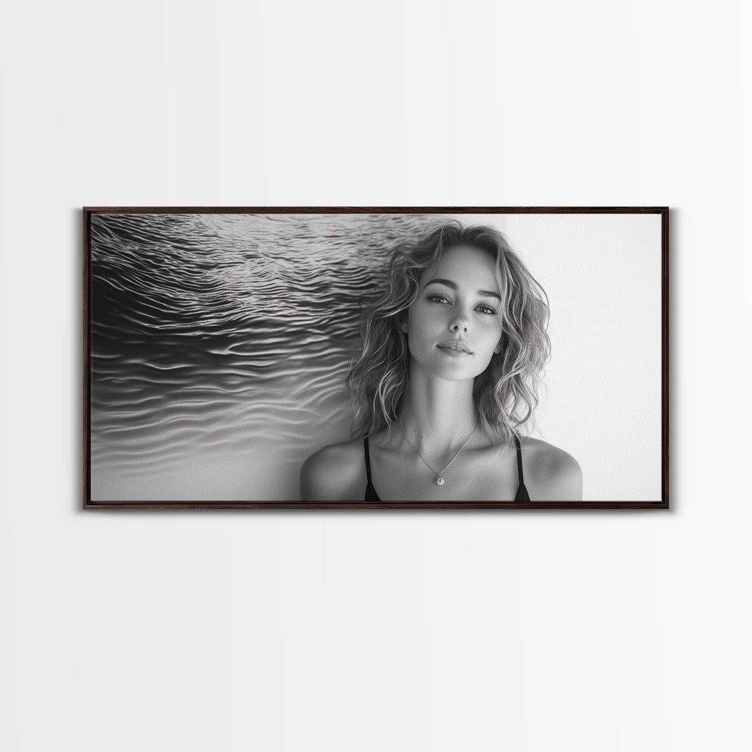 Ocean Texture, Abstract Waves, Modern Female, Artistic Portrait, Canvas Print, fashion wall art, glam room decor, minimal black white