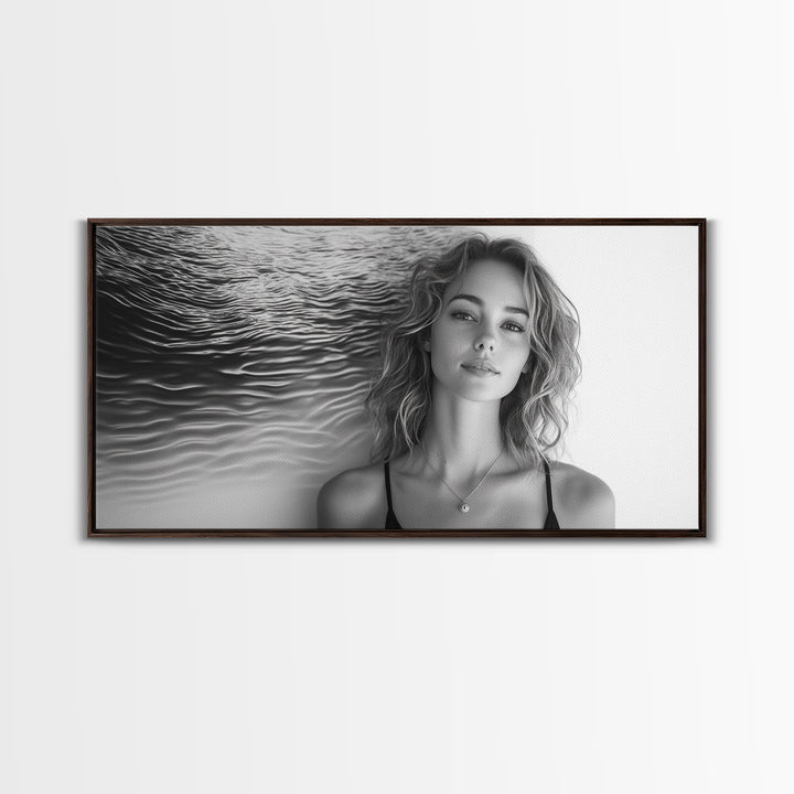 Ocean Texture, Abstract Waves, Modern Female, Artistic Portrait, Canvas Print, fashion wall art, glam room decor, minimal black white