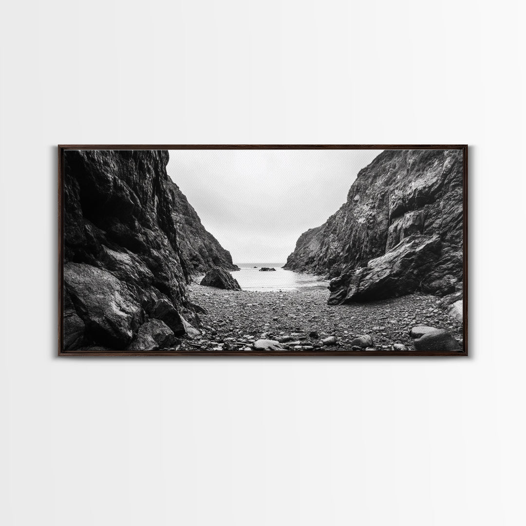 Rocky Cove, Ocean Gap, Cliffside Path, Secluded Coast, Framed Canvas Print, adventure wall art, man cave, grayscale wilderness print