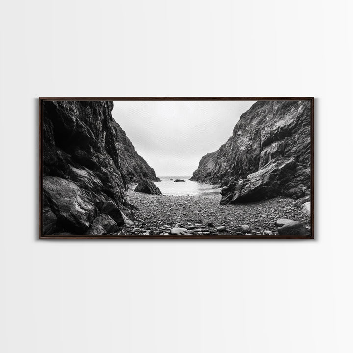 Rocky Cove, Ocean Gap, Cliffside Path, Secluded Coast, Framed Canvas Print, adventure wall art, man cave, grayscale wilderness print