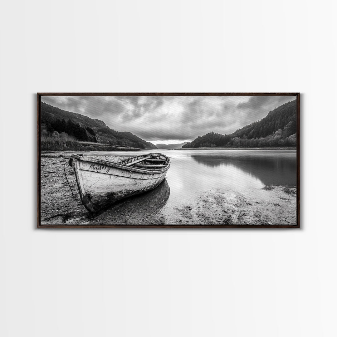 Abandoned Boat, Mountain Lake, Moody Shore, Nature Reflections, Framed Canvas Print, cabin wall art, explorer decor, grayscale nature