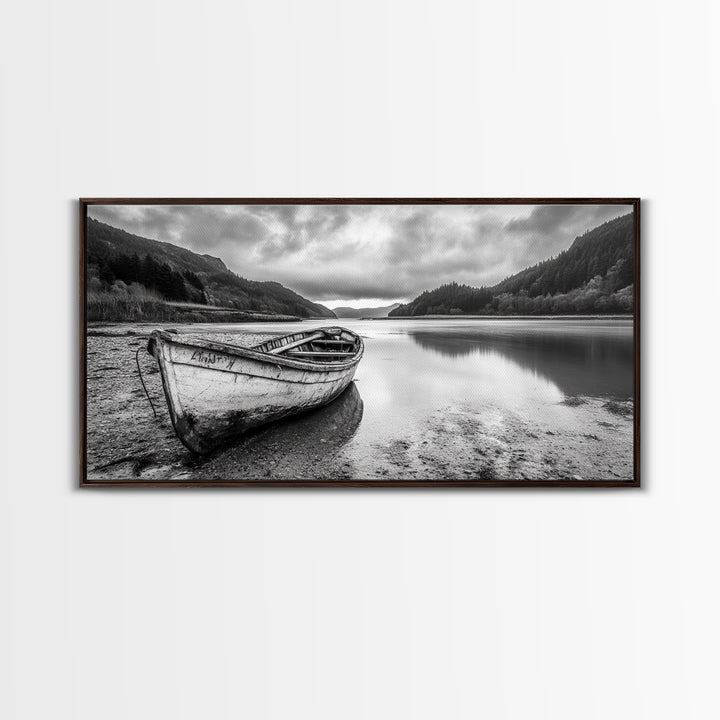 Abandoned Boat, Mountain Lake, Moody Shore, Nature Reflections, Framed Canvas Print, cabin wall art, explorer decor, grayscale nature