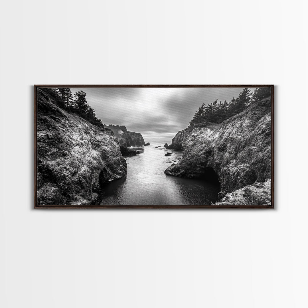 Ocean Passage, Cliff Channel, Rugged Coast, Forest Horizon, Canvas Print, dramatic nature art, large wall piece, hallway landscape art