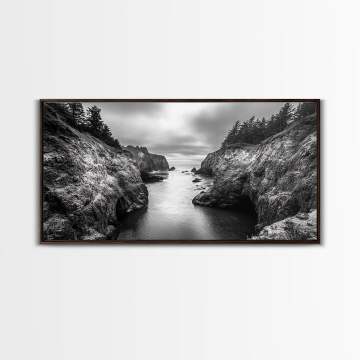 Ocean Passage, Cliff Channel, Rugged Coast, Forest Horizon, Canvas Print, dramatic nature art, large wall piece, hallway landscape art