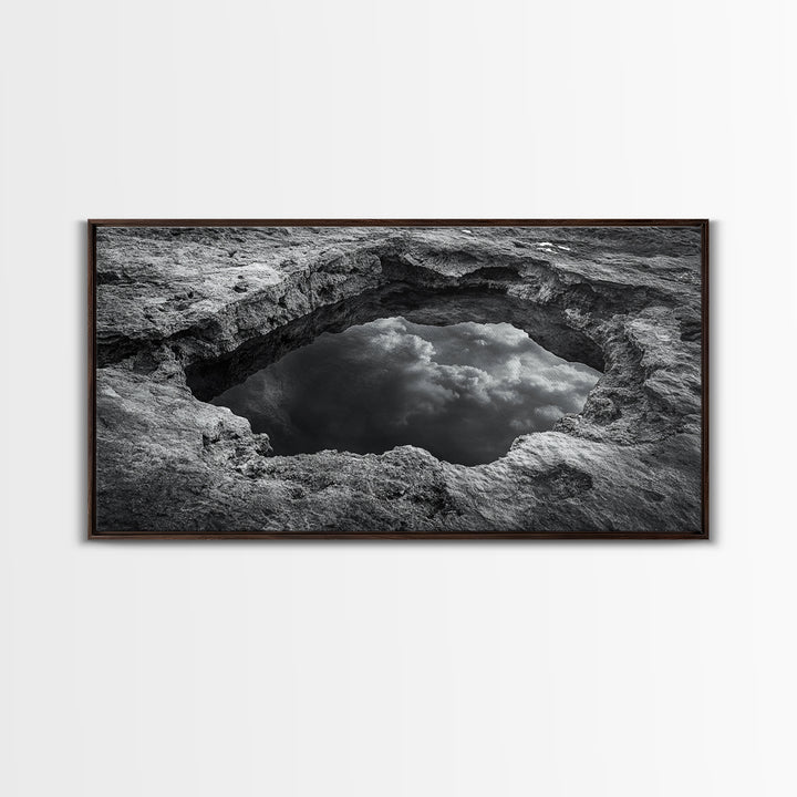 Sky Reflection, Stone Pool, Abstract Nature, Moody Minimalist Art, Framed Canvas Print, Bedroom Wall Art, Contemporary Monochrome Decor