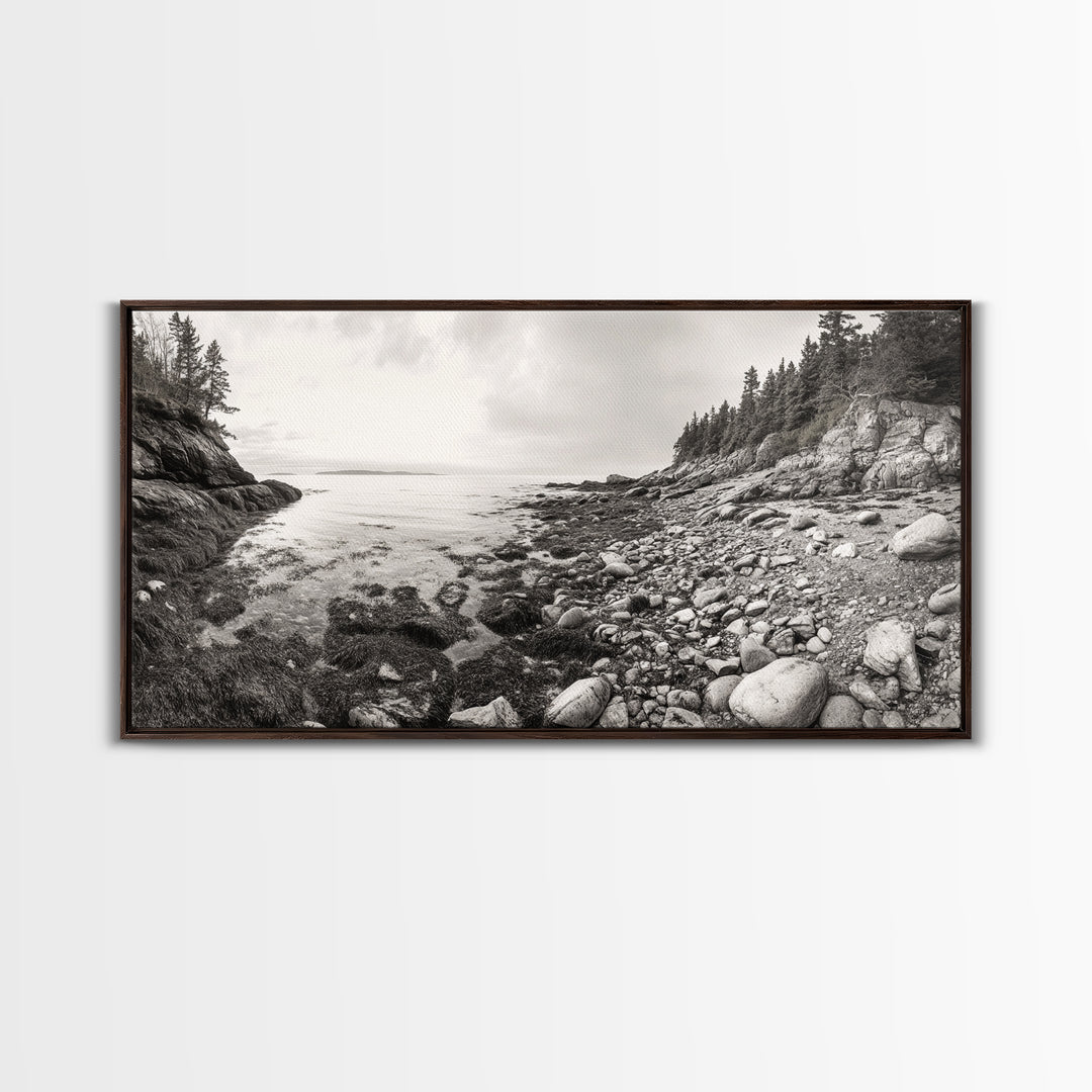 Rocky Coast, Forest Edge, Tranquil Shoreline, Earthy Landscape Scene, Canvas Print, Neutral Home Decor, Rustic Cabin Wall Art