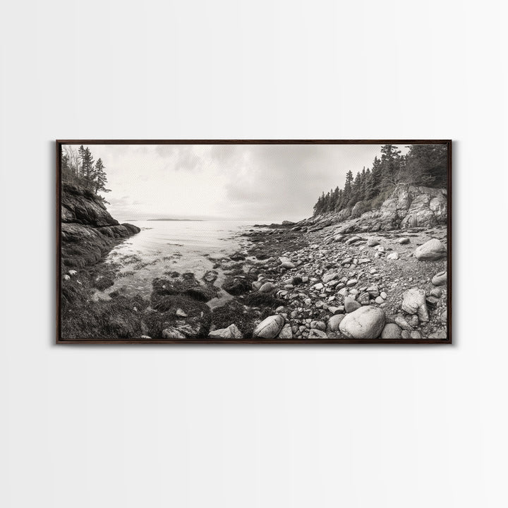 Rocky Coast, Forest Edge, Tranquil Shoreline, Earthy Landscape Scene, Canvas Print, Neutral Home Decor, Rustic Cabin Wall Art