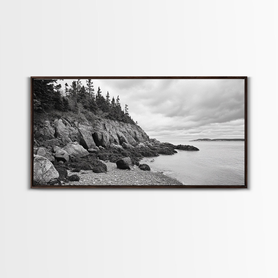 Rocky Shore, Coastal Forest, Black White Landscape, Nature Wall Decor, Framed Canvas Print, Cabin Living Room Art, Fall Inspired Scene