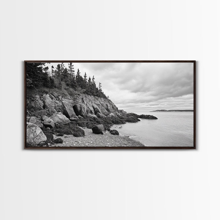 Rocky Shore, Coastal Forest, Black White Landscape, Nature Wall Decor, Framed Canvas Print, Cabin Living Room Art, Fall Inspired Scene