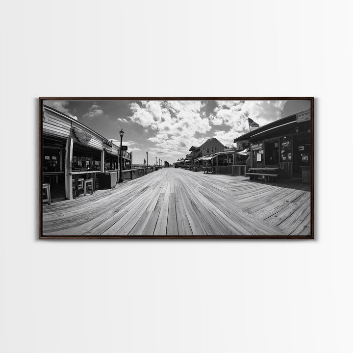 Boardwalk View, Beach Shops, Summer Scene, Coastal Town, Framed Canvas Print, Nautical Wall Art, Dining Room Coastal Decor