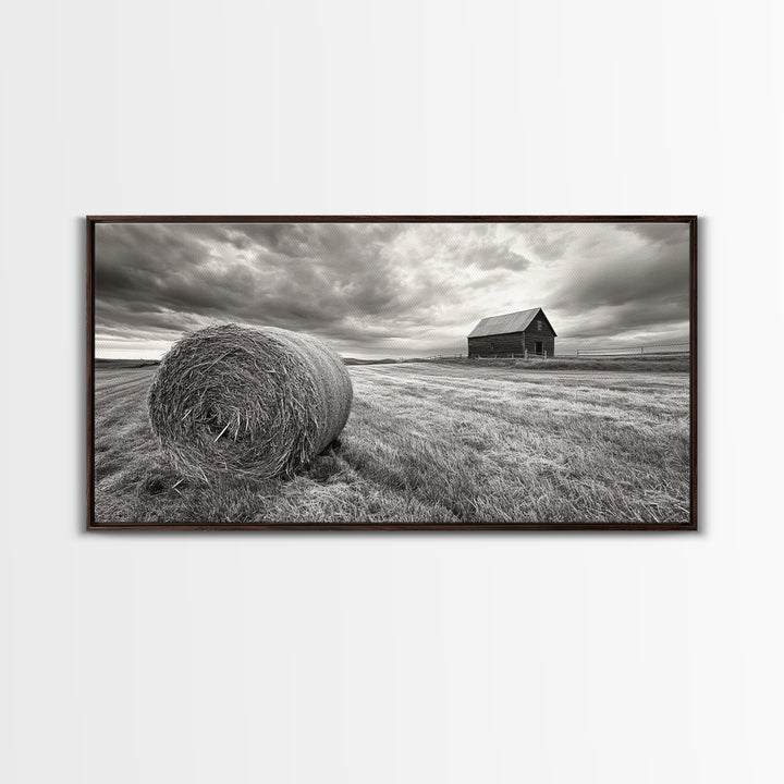 Barn Field, Hay Bale, Rural Farmland Scene, Autumn Countryside Art, Canvas Print, Farmhouse Wall Decor, Rustic Fall Living Room Art