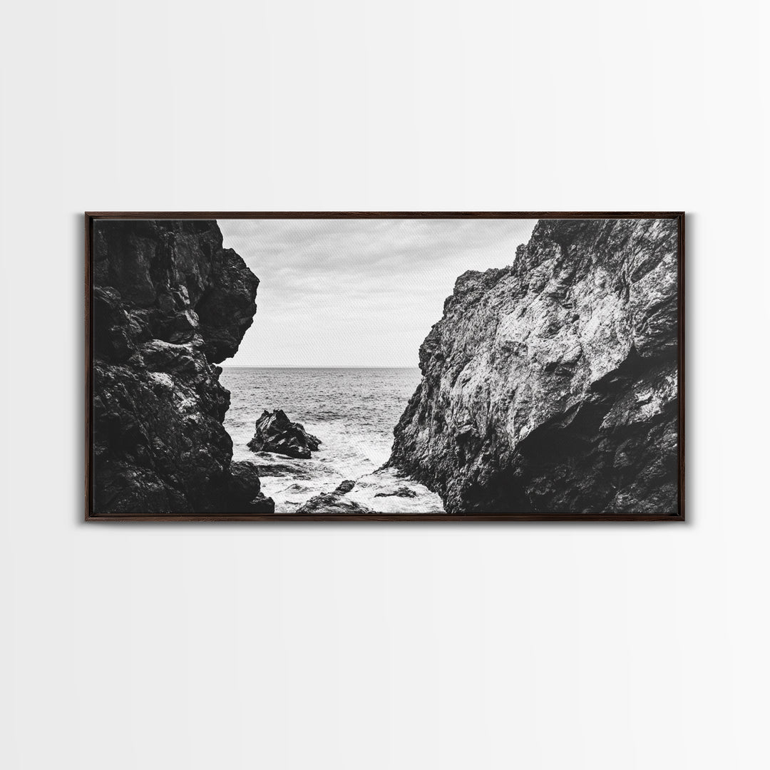 Rocky Coast View, Ocean Cliffs Art, Coastal Wilderness, Monochrome Seascape, Canvas Print, Bathroom Wall Art, Rustic Minimalist Style