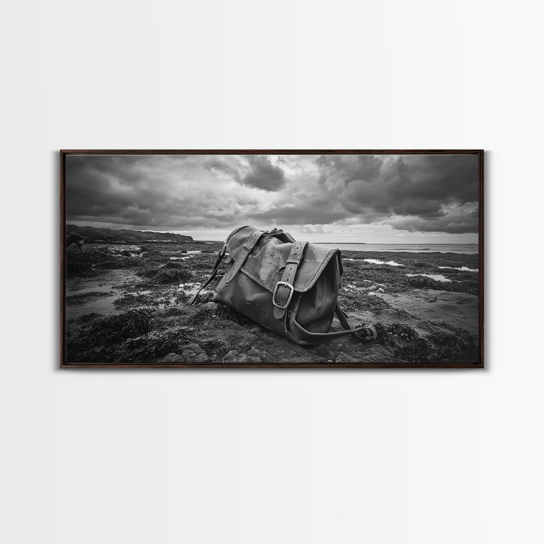 Abandoned Satchel, Coastal Mystery Art, Lost and Found Decor, Moody Beach Scene, Canvas Print, Study Wall Art, Nautical Rustic Aesthetic