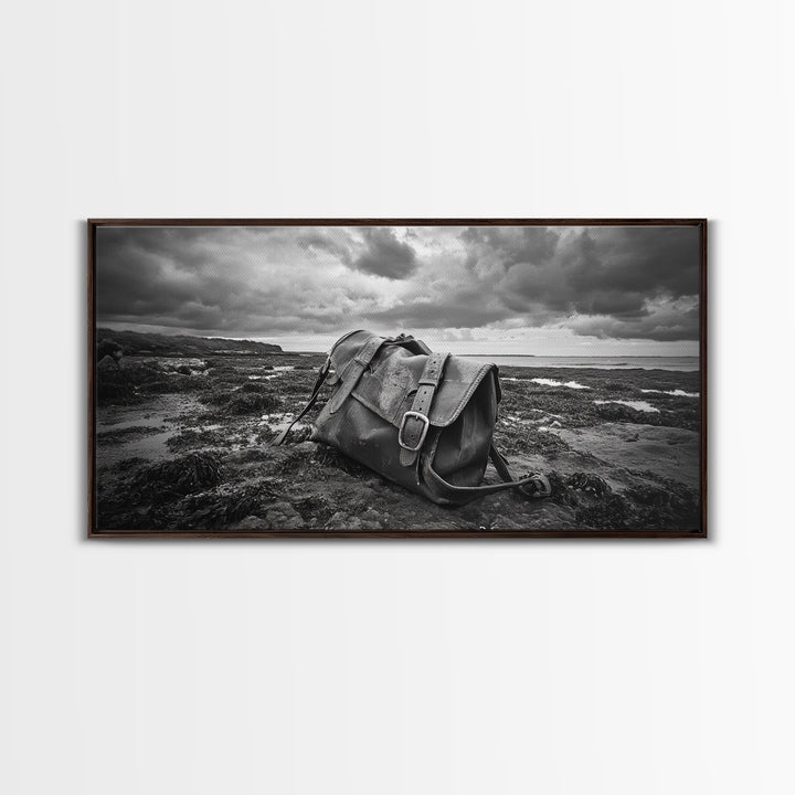 Abandoned Satchel, Coastal Mystery Art, Lost and Found Decor, Moody Beach Scene, Canvas Print, Study Wall Art, Nautical Rustic Aesthetic