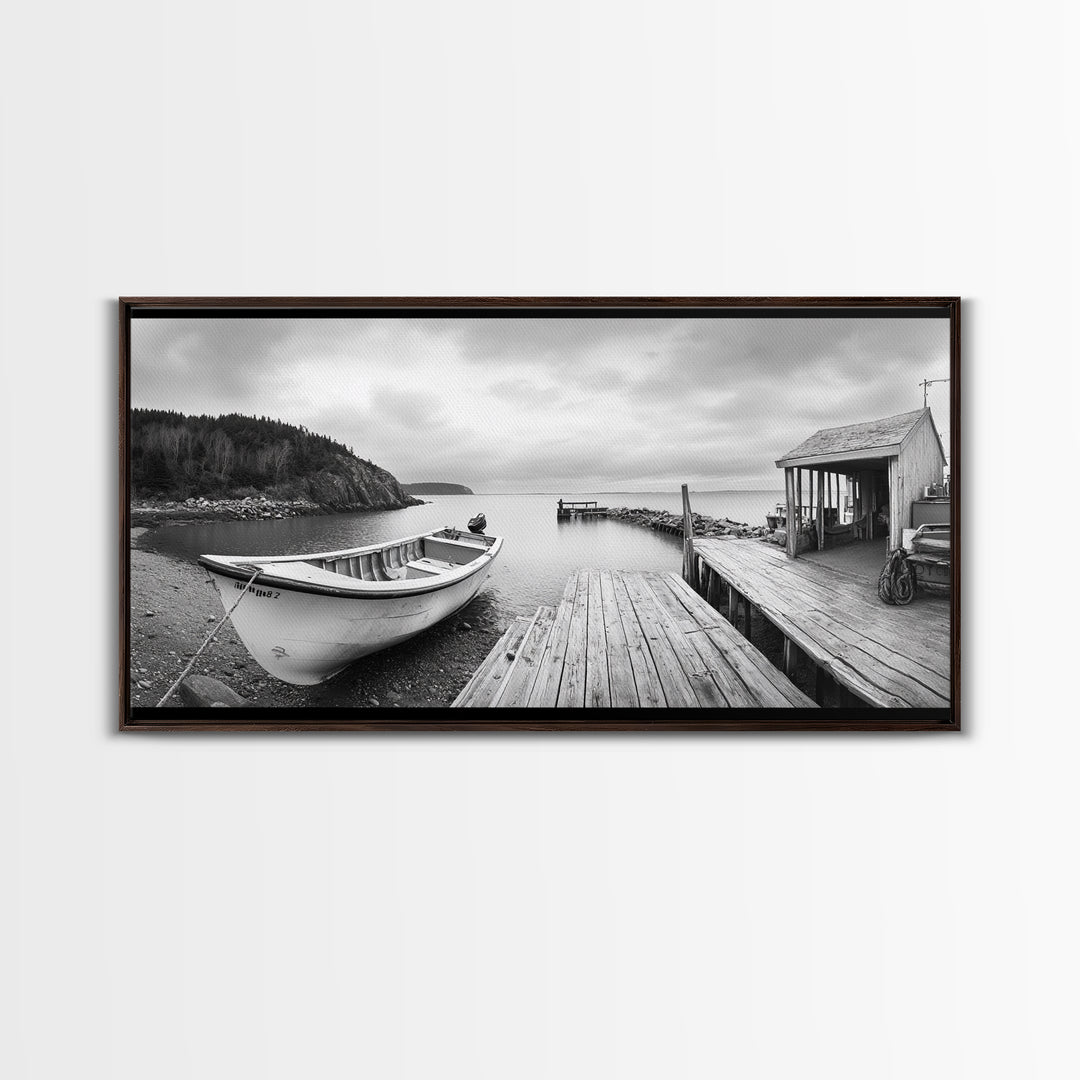 Rowboat Dock, Harbor Scene, Calm Waters, Quiet Morning, Framed Canvas Print, Lakeside Cabin Wall Art, Rustic Nautical Decor, Cabin Decor