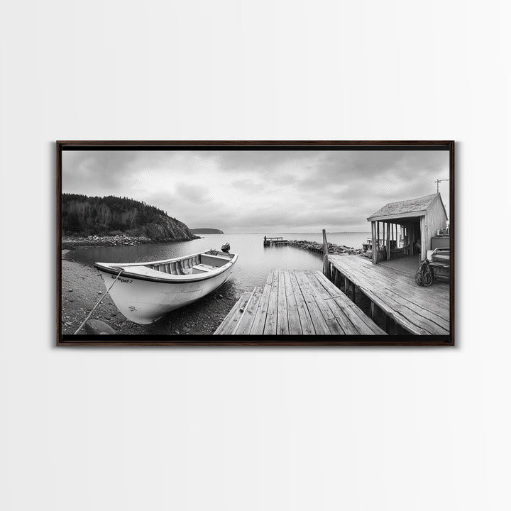 Rowboat Dock, Harbor Scene, Calm Waters, Quiet Morning, Framed Canvas Print, Lakeside Cabin Wall Art, Rustic Nautical Decor, Cabin Decor