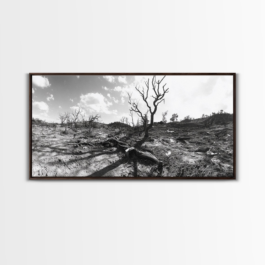 Barren Tree Landscape, Post Fire Terrain, Dystopian Forest Scene, Survival Mood, Canvas Print, Office Wall Art, Dark Nature Decor