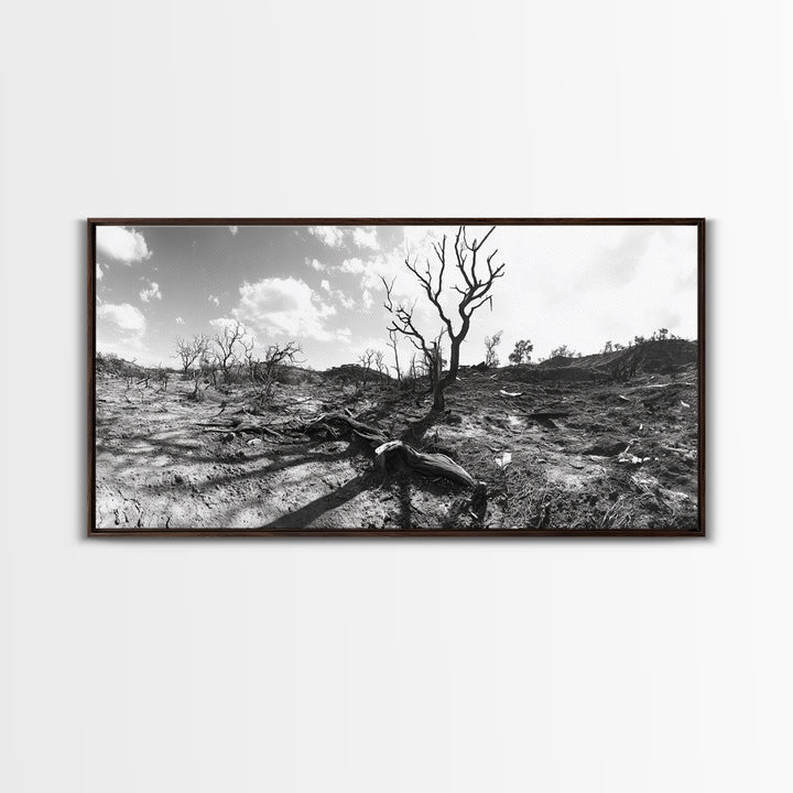 Barren Tree Landscape, Post Fire Terrain, Dystopian Forest Scene, Survival Mood, Canvas Print, Office Wall Art, Dark Nature Decor