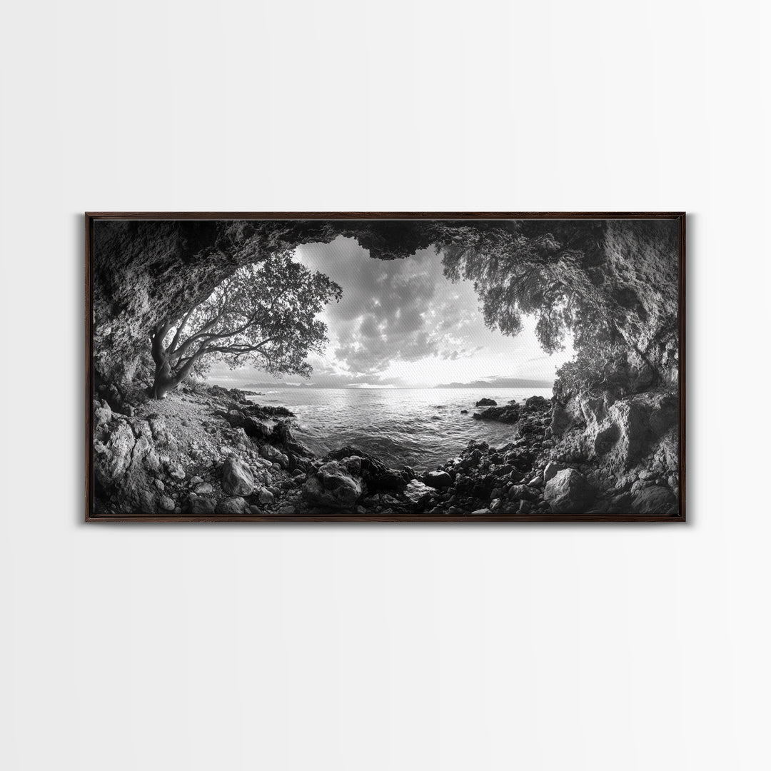 Ocean Cave View, Coastal Tree Framing, Tranquil Sea Scene, Nature Window Art, Framed Canvas Print, Bedroom Wall Art, Zen Decor
