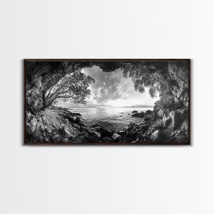 Ocean Cave View, Coastal Tree Framing, Tranquil Sea Scene, Nature Window Art, Framed Canvas Print, Bedroom Wall Art, Zen Decor