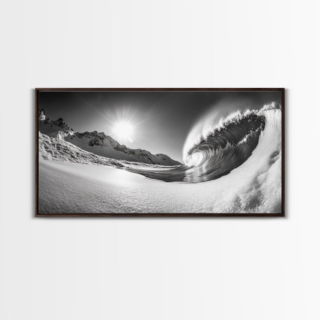 Arctic Wave Motion, Snowy Surf Curl, Mountain Sun Scene, Nature Energy Art, Canvas Print, Living Room Wall Art, Winter Adventure Decor