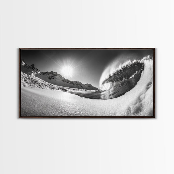 Arctic Wave Motion, Snowy Surf Curl, Mountain Sun Scene, Nature Energy Art, Canvas Print, Living Room Wall Art, Winter Adventure Decor