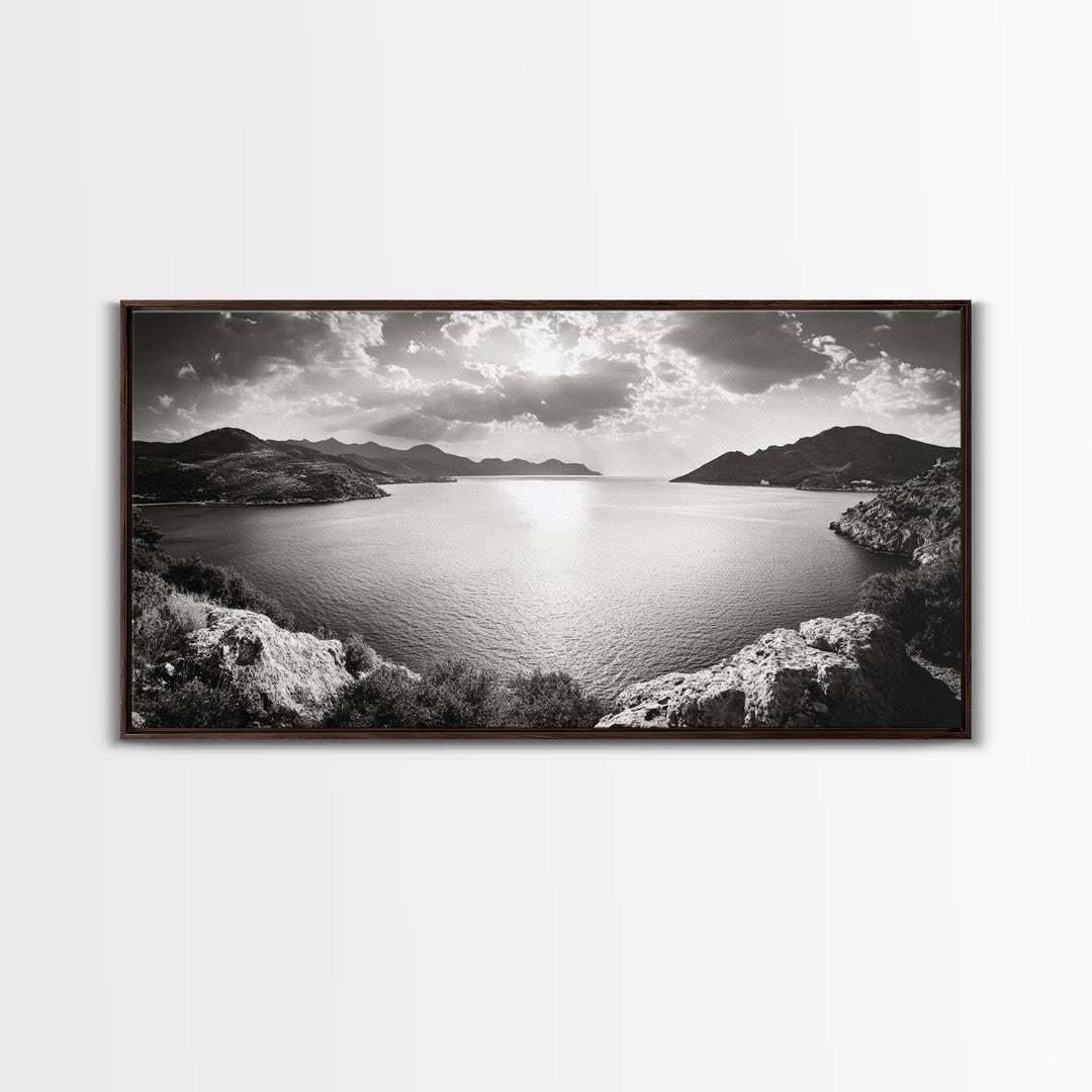 Ocean Sunset View, Mountain Coast Landscape, Black and White Art, Canvas Print, Minimalist Decor, Living Room Wall Art, Tranquil Home Style