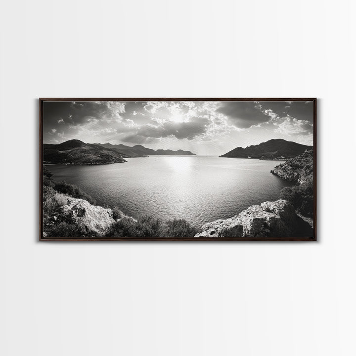Ocean Sunset View, Mountain Coast Landscape, Black and White Art, Canvas Print, Minimalist Decor, Living Room Wall Art, Tranquil Home Style