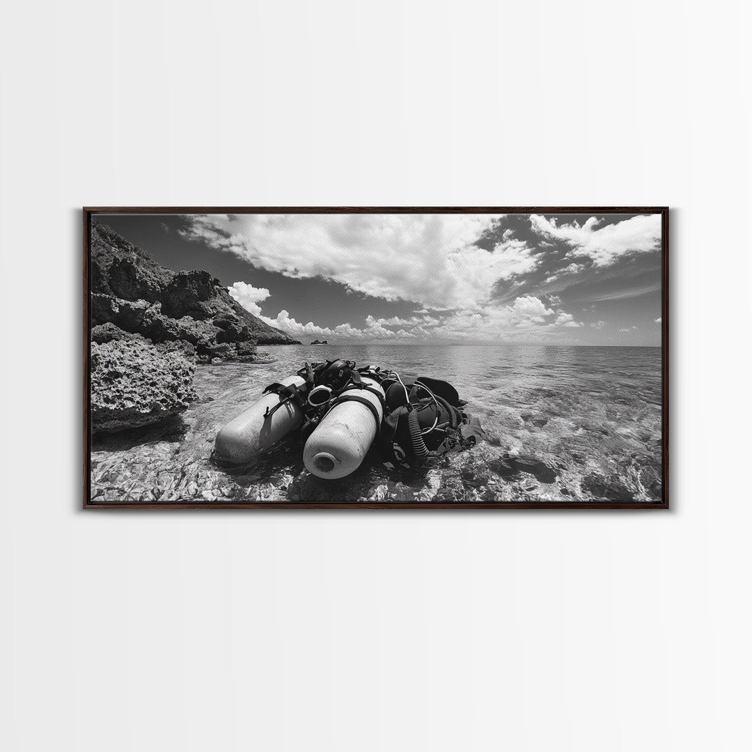 Dive Gear Shoreline, Ocean Exploration Scene, Black and White Adventure Art, Canvas Print, Nautical Decor, Man Cave Wall Art, Nautical Wall Art