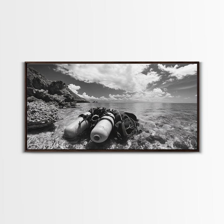 Dive Gear Shoreline, Ocean Exploration Scene, Black and White Adventure Art, Canvas Print, Nautical Decor, Man Cave Wall Art, Nautical Wall Art