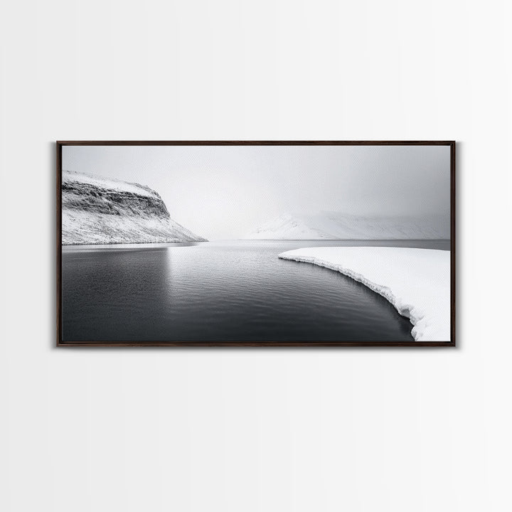 Arctic Coastline Silence, Minimal Snow Scene, Monochrome Nature Landscape, Framed Canvas Print, Scandinavian Wall Art, Office Calm Decor