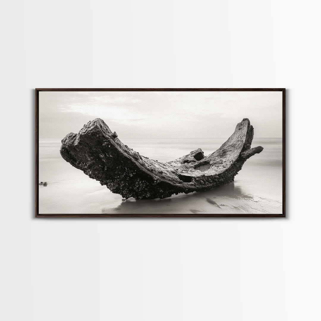 Coastal Shipwreck, Moody Beach, Driftwood Aesthetic, Minimalist Seascape, Canvas Print, Nautical Wall Art, Bathroom Decor, Ocean Art