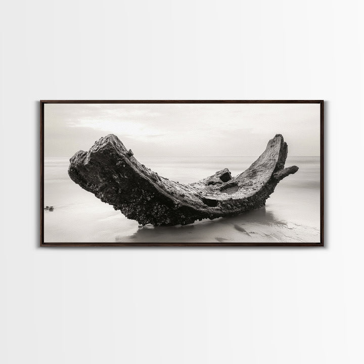Coastal Shipwreck, Moody Beach, Driftwood Aesthetic, Minimalist Seascape, Canvas Print, Nautical Wall Art, Bathroom Decor, Ocean Art