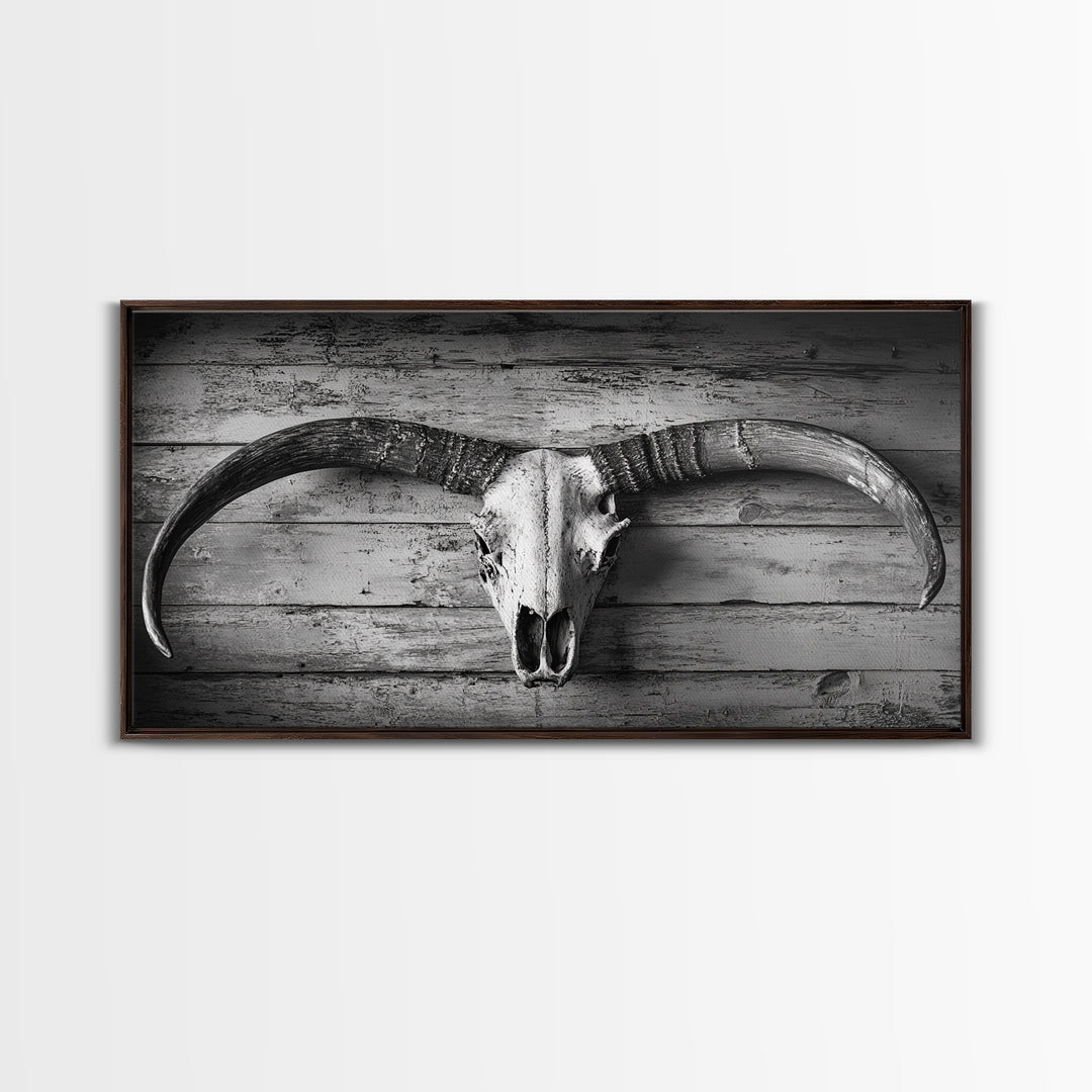 Bull Skull, Rustic Horns, Western Cabin Decor, Weathered Wood, Framed Canvas Print, Farmhouse Wall Art, Cowboy Office Decor, Rustic Wall Art