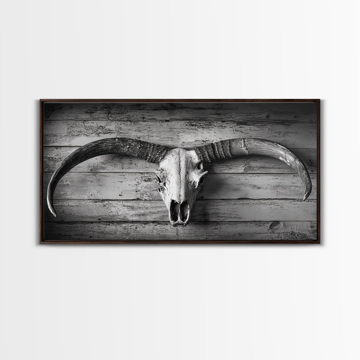 Bull Skull, Rustic Horns, Western Cabin Decor, Weathered Wood, Framed Canvas Print, Farmhouse Wall Art, Cowboy Office Decor, Rustic Wall Art