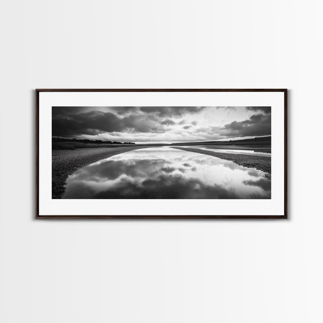 River Reflection, Cloudy Sky, Calm Nature Path, Modern Monochrome, Framed Canvas Print, Bedroom Wall Art, Minimalist Landscape Art