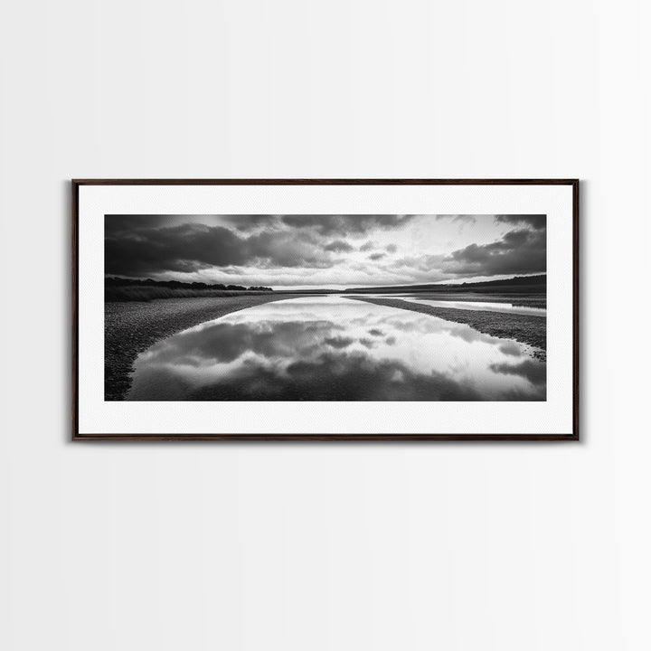 River Reflection, Cloudy Sky, Calm Nature Path, Modern Monochrome, Framed Canvas Print, Bedroom Wall Art, Minimalist Landscape Art
