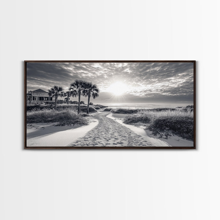 Beach Path Sunrise, Coastal Home, Nature Photography, Framed Canvas Print, Entryway Art, Coastal Grandmillennial Decor, Morning Light Scene