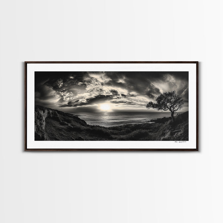 Dramatic Ocean Sunset, Coastal Tree, Monochrome Landscape, Canvas Print, Living Room Wall Art, Surreal Nature View, Oceanview Print
