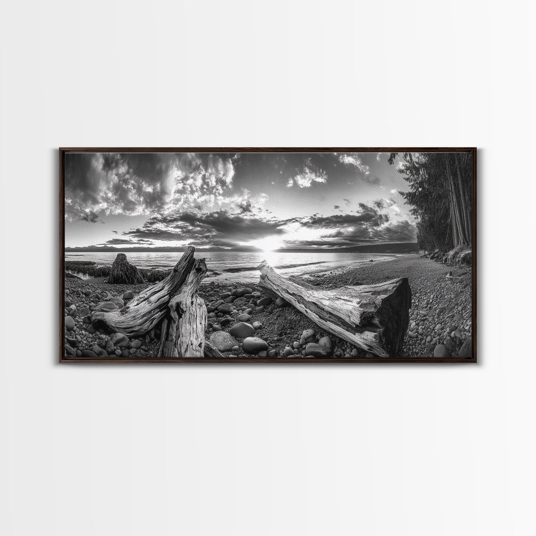 Driftwood Coastline, Rocky Beach Sunset, Nature Wall Art, Framed Canvas Print, Rustic Lake House Decor, Fall Coastal Aesthetic