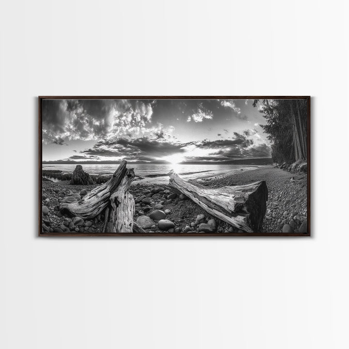 Driftwood Coastline, Rocky Beach Sunset, Nature Wall Art, Framed Canvas Print, Rustic Lake House Decor, Fall Coastal Aesthetic