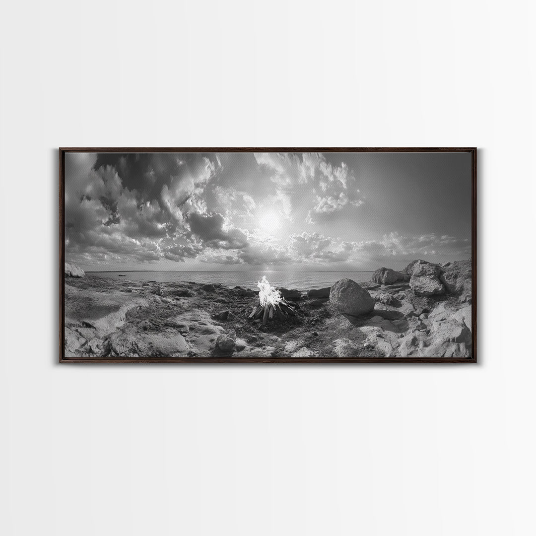 Coastal Campfire, Ocean Sunset, Rocky Shore, Bonfire Glow, Canvas Print, Nature Wall Art, Autumn Cabin Decor, Outdoor Retreat Style