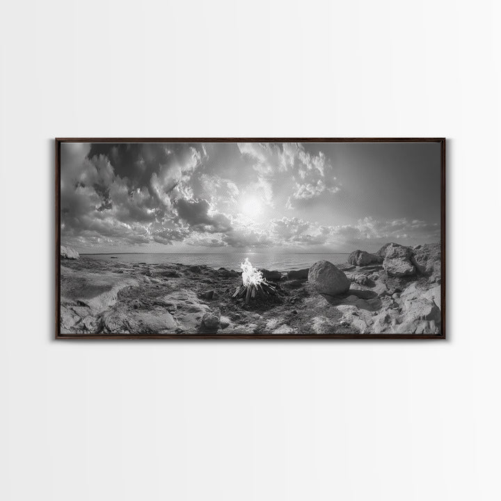 Coastal Campfire, Ocean Sunset, Rocky Shore, Bonfire Glow, Canvas Print, Nature Wall Art, Autumn Cabin Decor, Outdoor Retreat Style