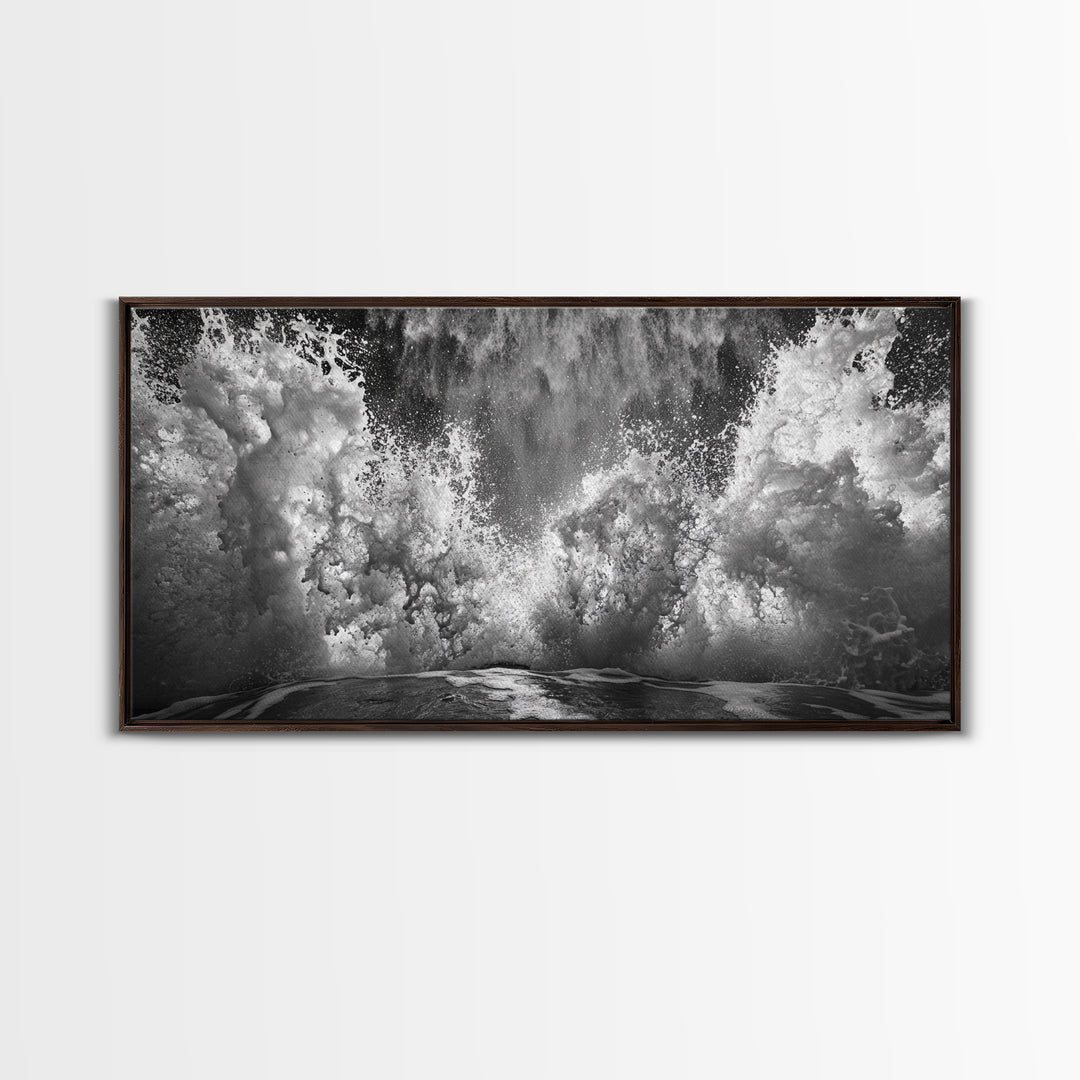 Ocean Splash, Sea Foam, Abstract Water, Coastal Waves, Framed Canvas Print, bathroom wall art, modern ocean photography, moody water art