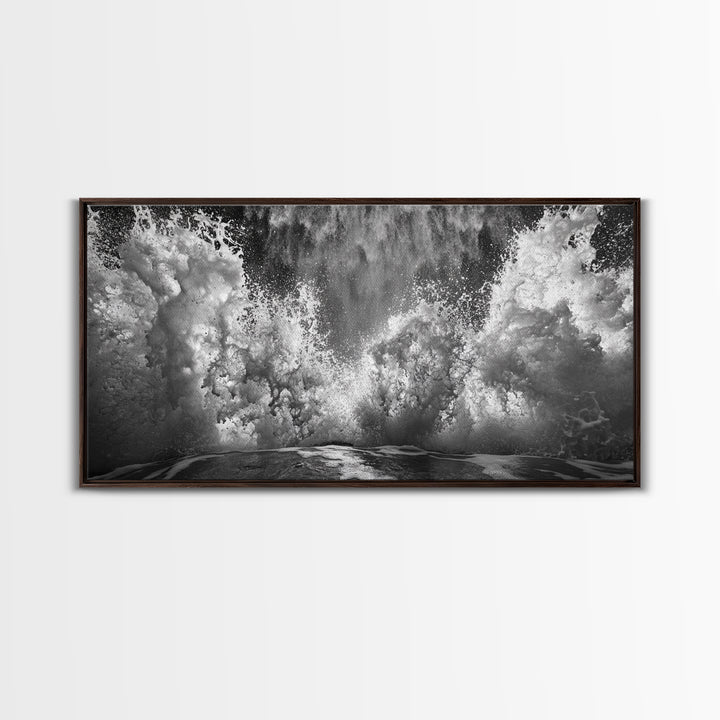 Ocean Splash, Sea Foam, Abstract Water, Coastal Waves, Framed Canvas Print, bathroom wall art, modern ocean photography, moody water art