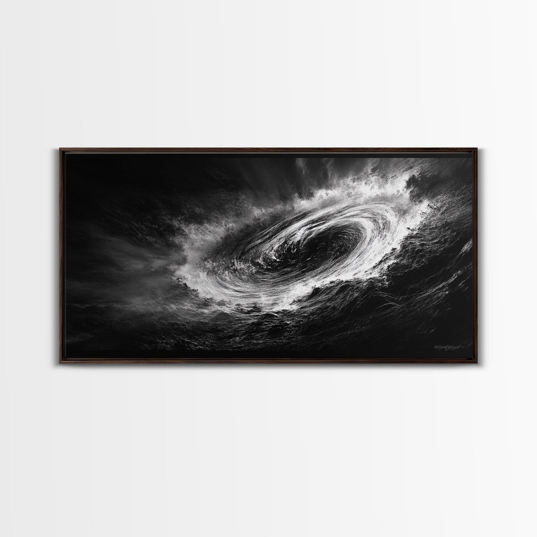 Ocean Vortex, Dramatic Waves, Sea Swirl, Storm Art, Framed Canvas Print, dark abstract art, gaming room decor, black and white power art